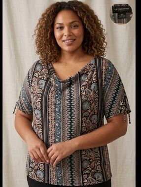 Liz Claiborne Black Multicolor Paisley Short Sleeve Top Women's Size XXL EUC